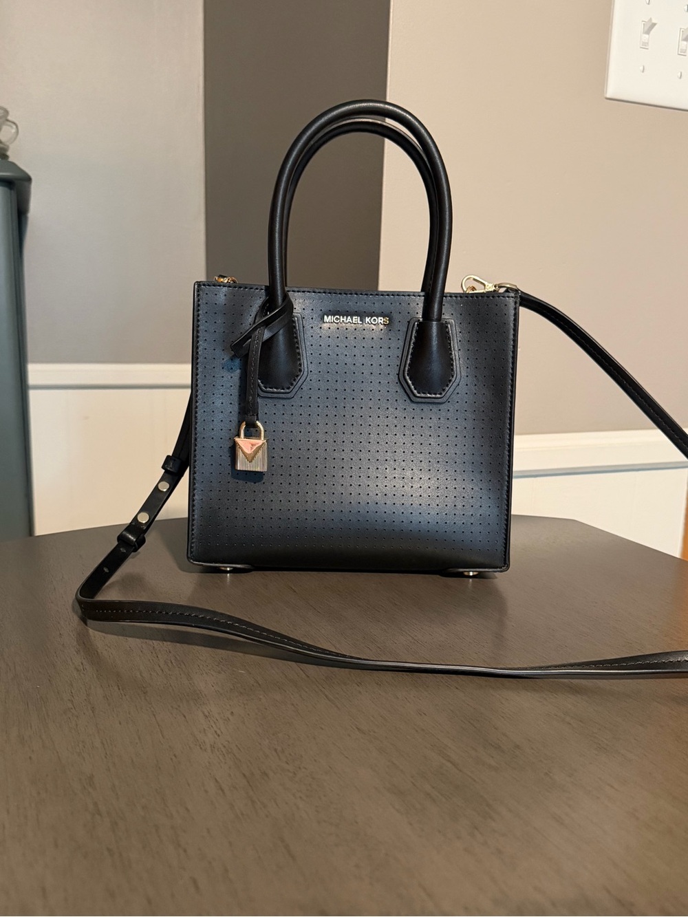 MICHAEL Michael Kors Black Perforated Leather Satchel with Gold Hardware